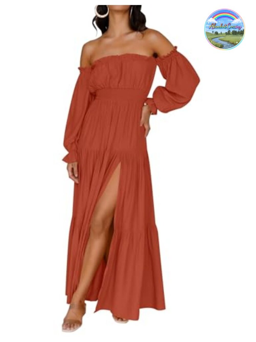 Boho Off Shoulder Long Sleeve Maxi Dress High Slit Ruffle Hem A-Line